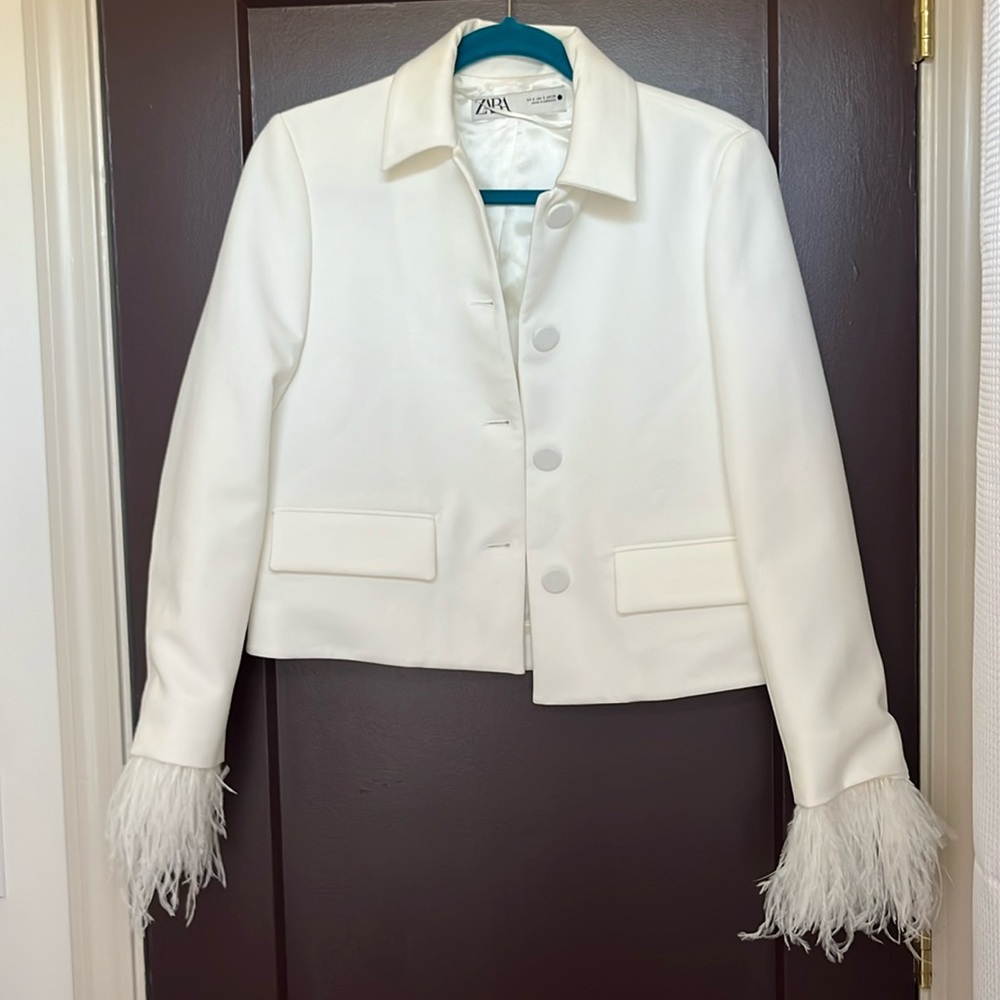 Zara White Feather Cuff Cropped Jacket